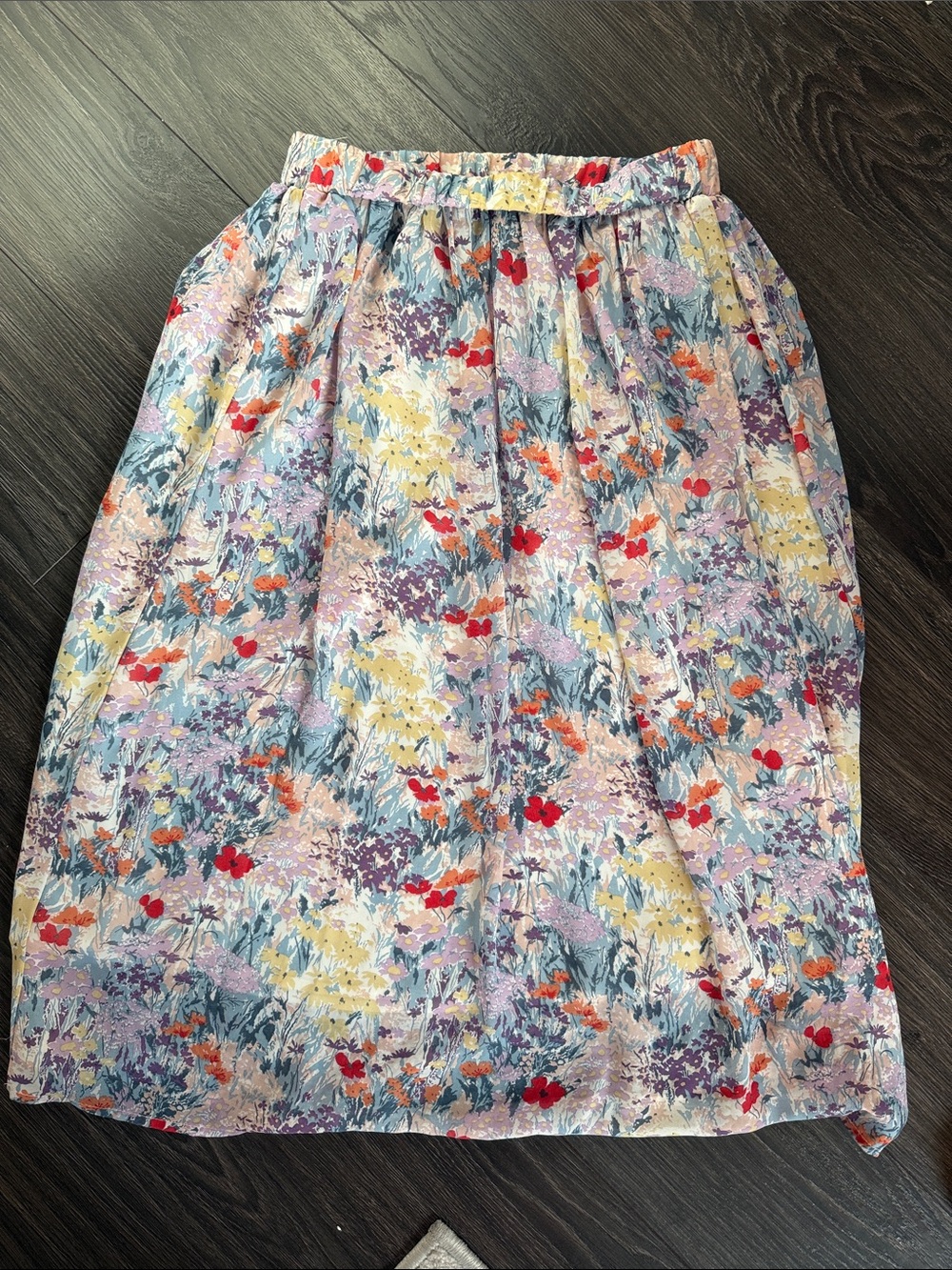 Pastel Floral Midi Skirt with Red Accent